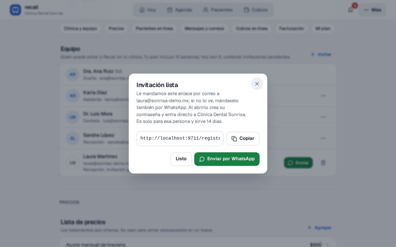 Diálogo Invitación lista de Recall con el enlace personal de la invitación, el botón Copiar y el botón verde Enviar por WhatsApp