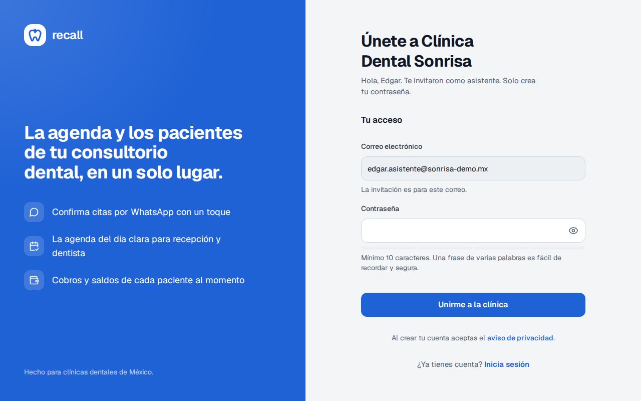 Pantalla Únete a Clínica Dental Sonrisa de Recall que saluda a Edgar, invitado como asistente, con su correo fijo y el campo para crear su contraseña