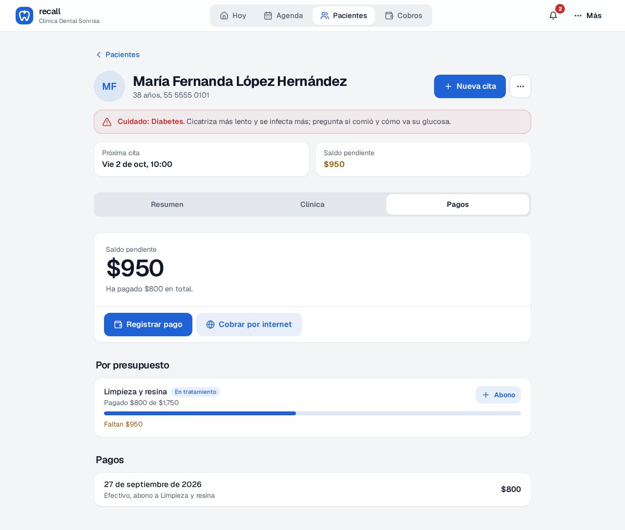 Pestaña Pagos de la ficha en Recall: Saldo pendiente $950, botones Registrar pago y Cobrar por internet, el presupuesto con su barra de pagado y la lista de pagos
