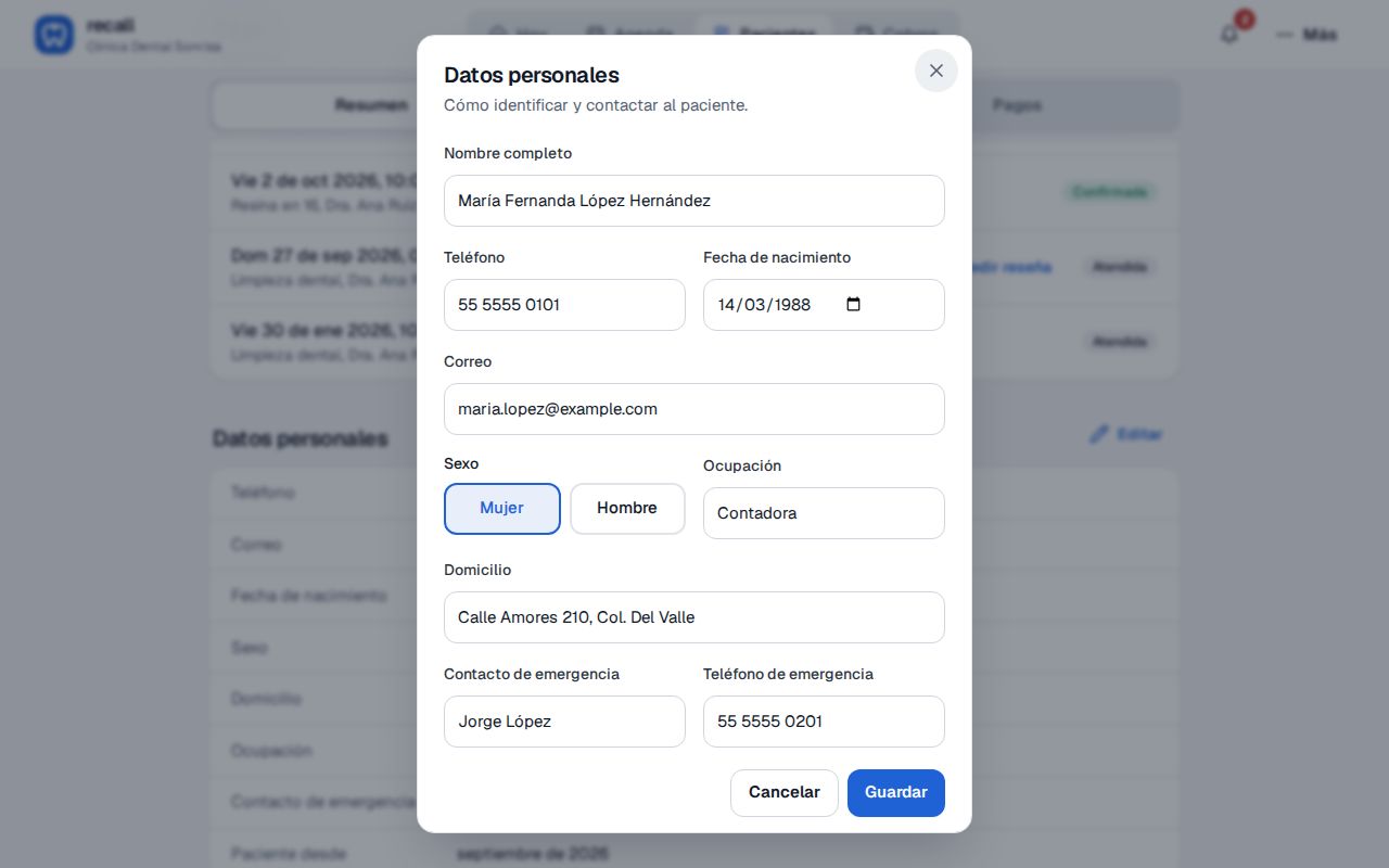 Hoja Datos personales de Recall con nombre completo, teléfono, fecha de nacimiento, correo, sexo, ocupación, domicilio, contacto de emergencia y su teléfono