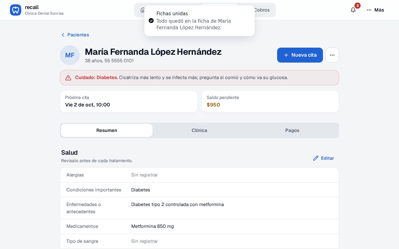 Ficha de María Fernanda López Hernández en Recall con el aviso Fichas unidas: todo quedó en la ficha de María Fernanda López Hernández
