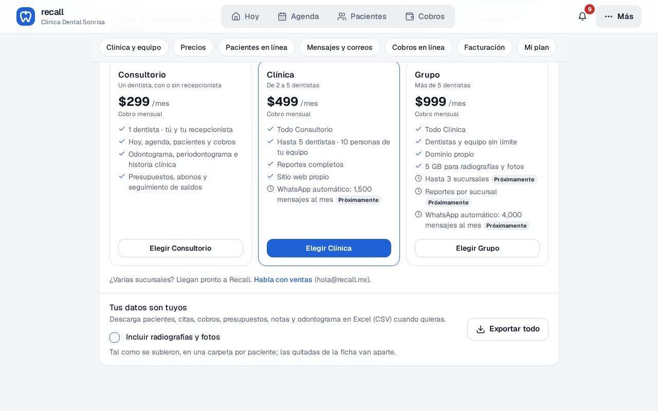 Bloque Tus datos son tuyos en Configuración → Mi plan de Recall con la casilla Incluir radiografías y fotos y el botón Exportar todo