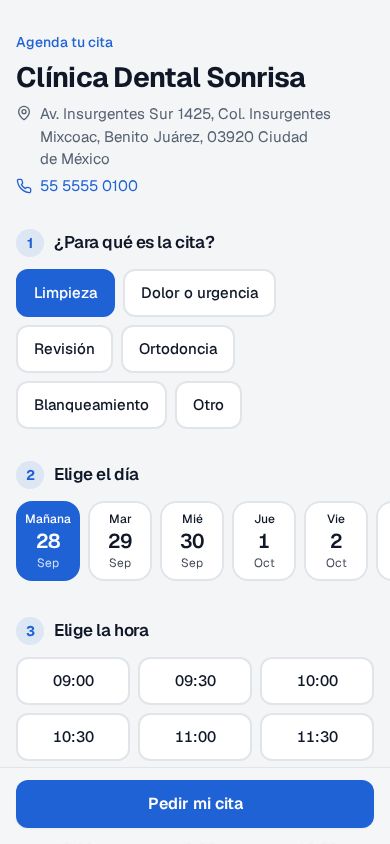 Página pública de citas en línea de Clínica Dental Sonrisa en un celular con los días y las horas disponibles, 09:00, 09:30, 10:00