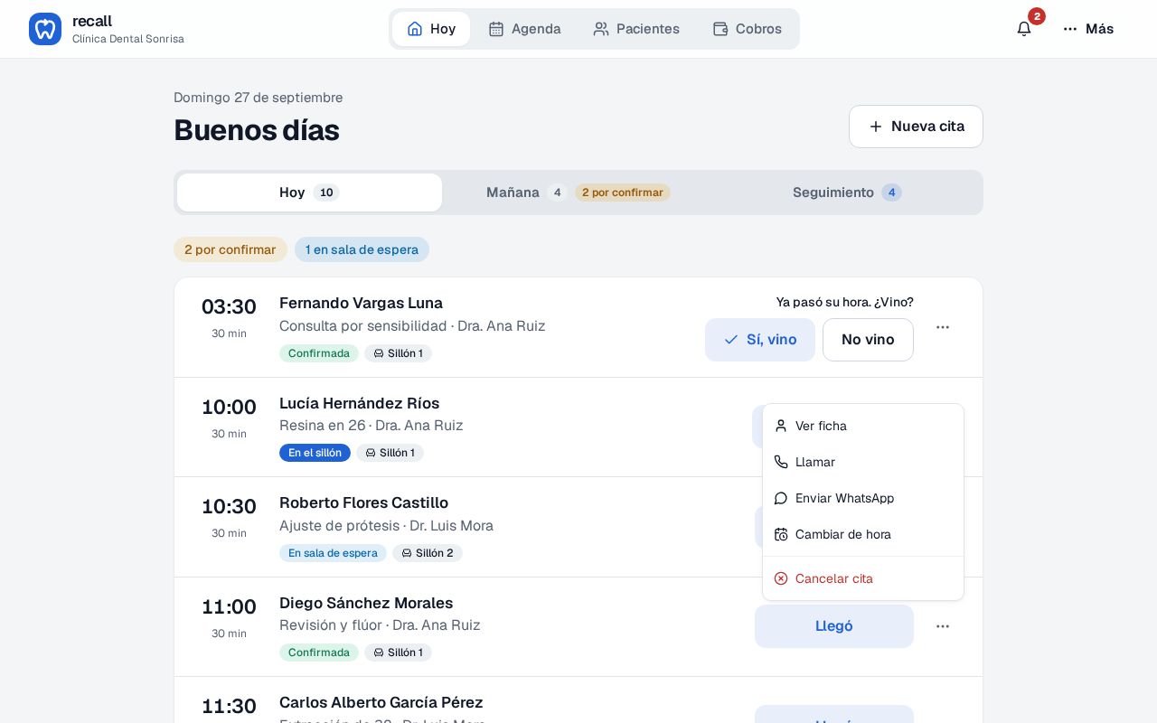 Menú de opciones de una cita en Hoy de Recall con Ver ficha, Llamar, Enviar WhatsApp, Cambiar de hora y Cancelar cita