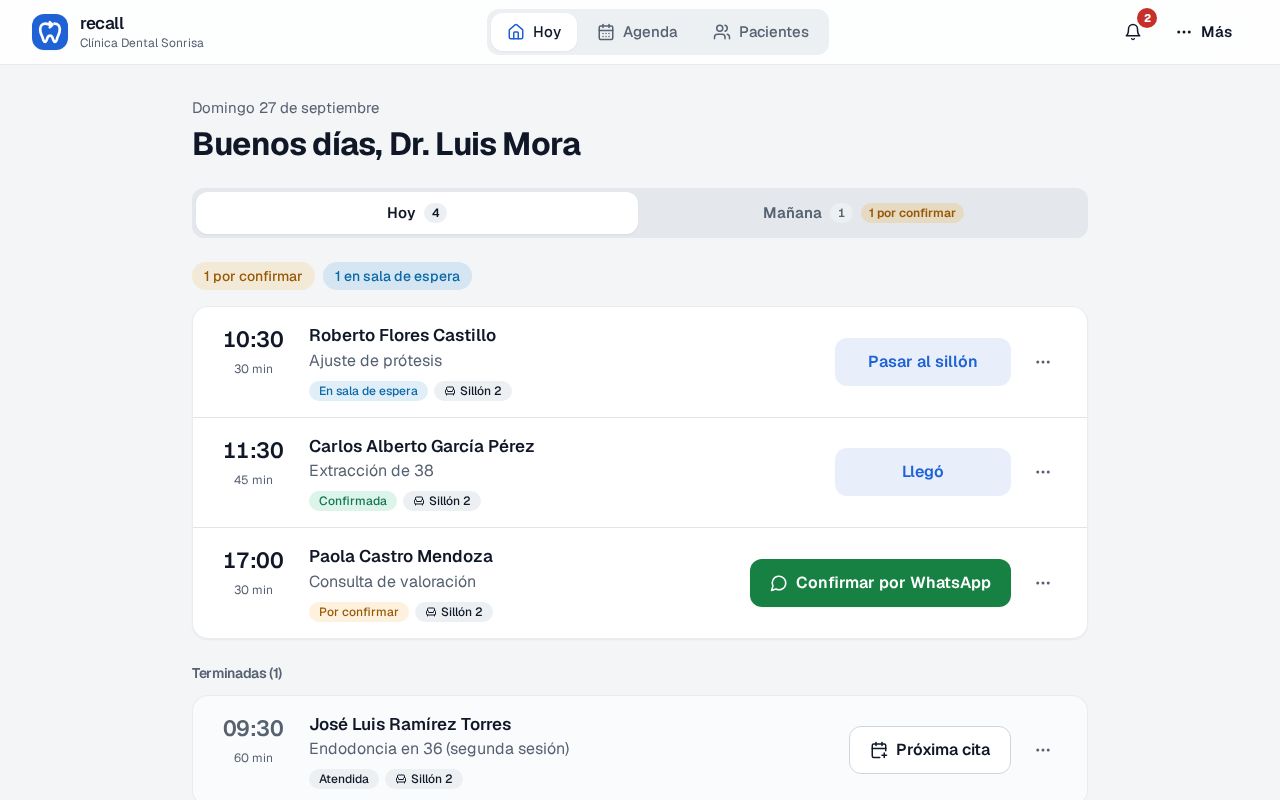Pantalla Hoy de Recall como la ve el Dr. Luis Mora: solo sus citas del día, con Pasar al sillón, Llegó y Confirmar por WhatsApp, y sin la pestaña Seguimiento