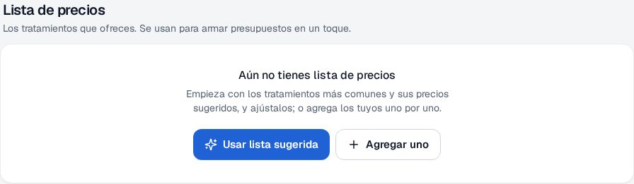 Lista de precios vacía en la Configuración de Recall con el texto Aún no tienes lista de precios y los botones Usar lista sugerida y Agregar uno