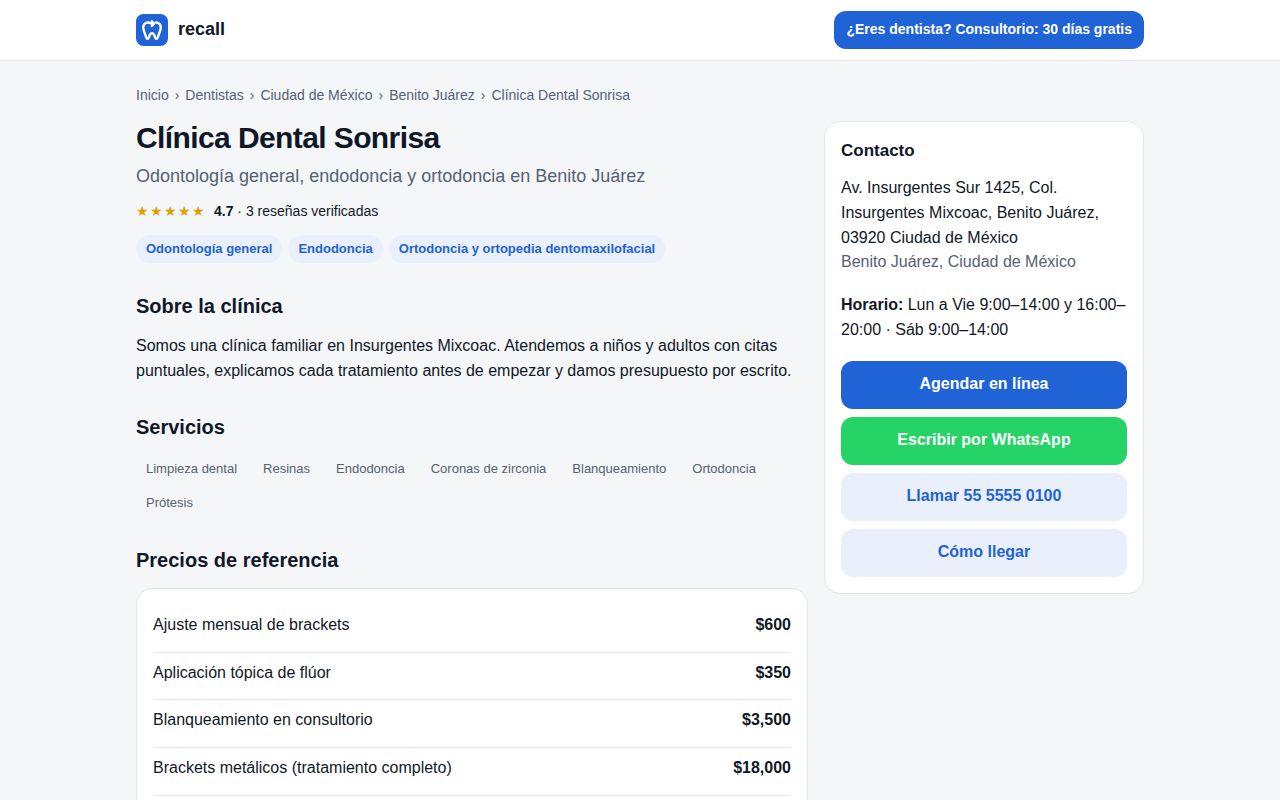 Perfil público de Clínica Dental Sonrisa con el bloque Precios de referencia: Ajuste mensual de brackets $600, Aplicación tópica de flúor $350, Blanqueamiento en consultorio $3,500