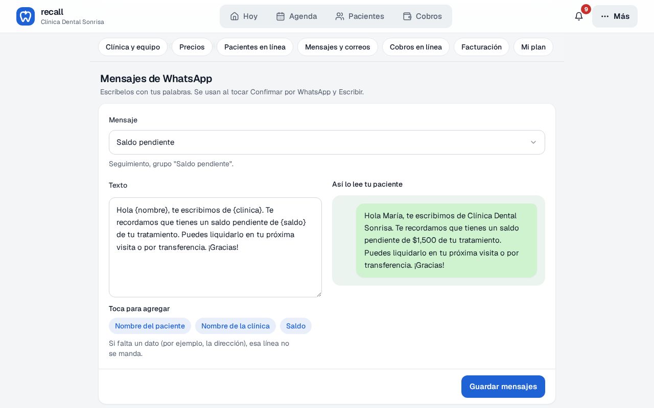 Mensaje Saldo pendiente en la Configuración de Recall, usado en Seguimiento grupo Saldo pendiente, con los chips Nombre del paciente, Nombre de la clínica y Saldo