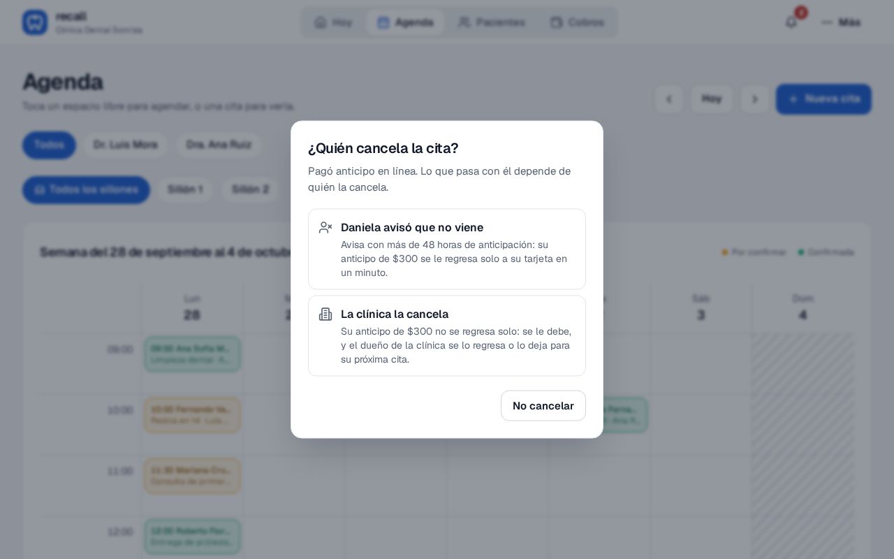 Diálogo ¿Quién cancela la cita? de Recall para una cita con anticipo pagado: Daniela avisó que no viene, con el anticipo que se regresa solo, o La clínica la cancela, con el anticipo que se le debe