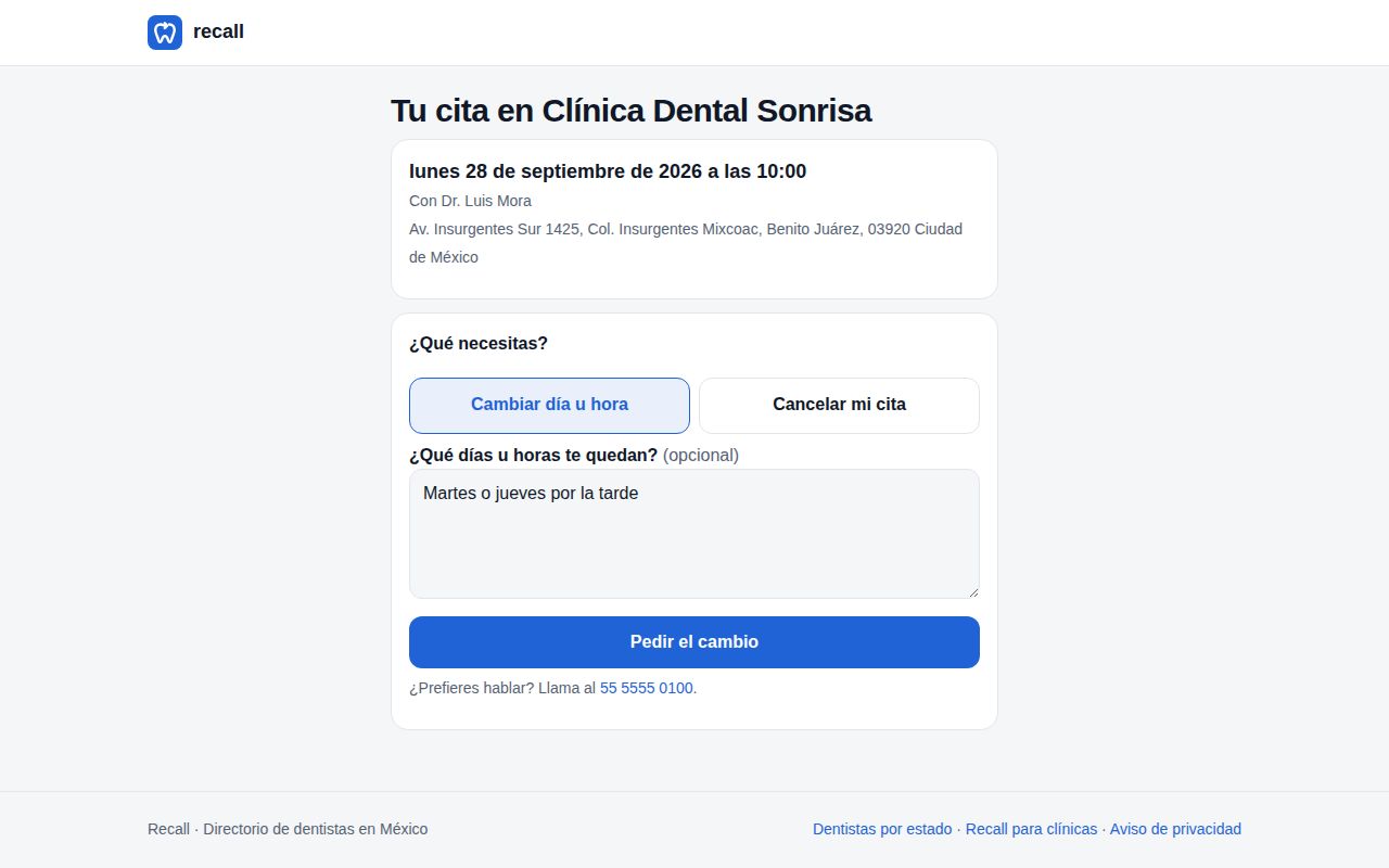 Página Tu cita en Clínica Dental Sonrisa que abre el enlace del correo del paciente, con las opciones Cambiar día u hora y Cancelar mi cita, el cuadro ¿Qué días u horas te quedan? y el botón Pedir el cambio