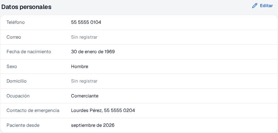 Datos personales de un paciente en Recall con el teléfono lleno y la fila Correo con la leyenda Sin registrar