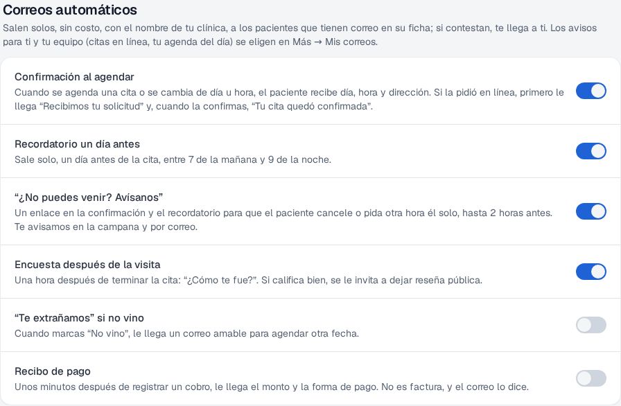 Configuración → Correos automáticos de Recall con los interruptores de confirmación, recordatorio, ¿No puedes venir?, encuesta, Te extrañamos y Recibo de pago