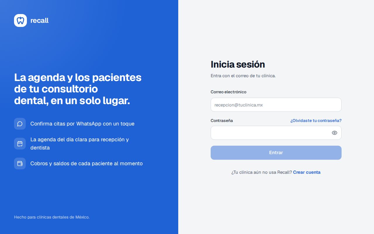 Pantalla Inicia sesión de Recall con los campos Correo electrónico y Contraseña, el enlace ¿Olvidaste tu contraseña? y el botón Entrar