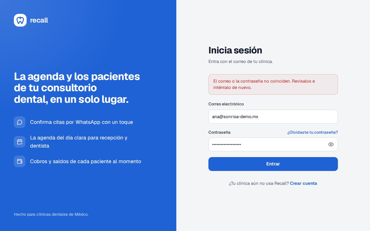 Pantalla Inicia sesión de Recall con el aviso rojo El correo o la contraseña no coinciden. Revísalos e inténtalo de nuevo