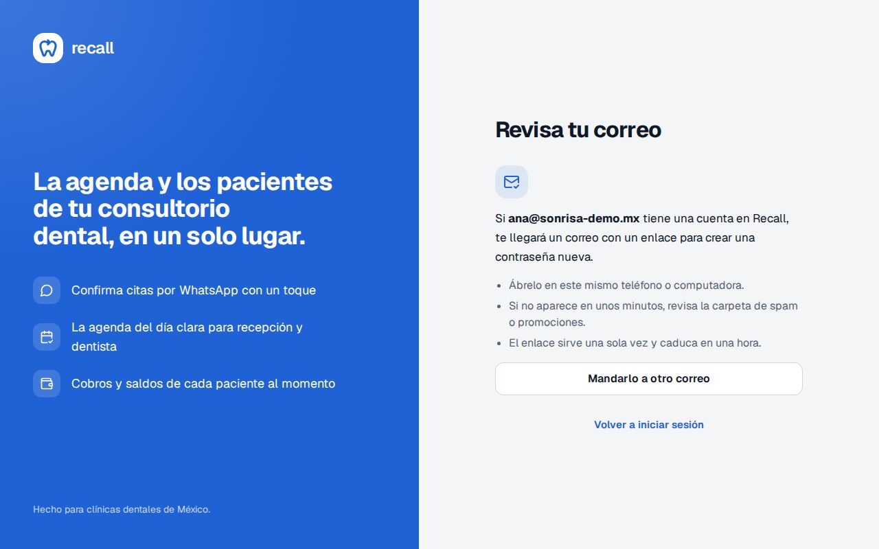 Pantalla Revisa tu correo de Recall después de pedir el enlace para crear una contraseña nueva, con los avisos de spam y de que el enlace dura una hora