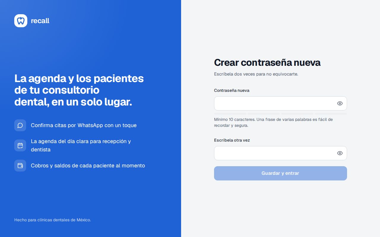 Pantalla Crear contraseña nueva de Recall con los campos Contraseña nueva y Escríbela otra vez, la barra de fuerza y el botón Guardar y entrar