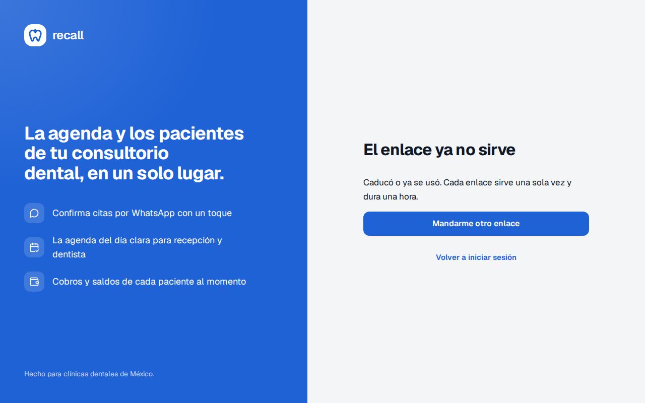 Pantalla El enlace ya no sirve de Recall: caducó o ya se usó, con el botón Mandarme otro enlace