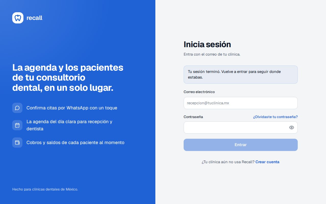 Pantalla Inicia sesión de Recall con el aviso azul Tu sesión terminó. Vuelve a entrar para seguir donde estabas
