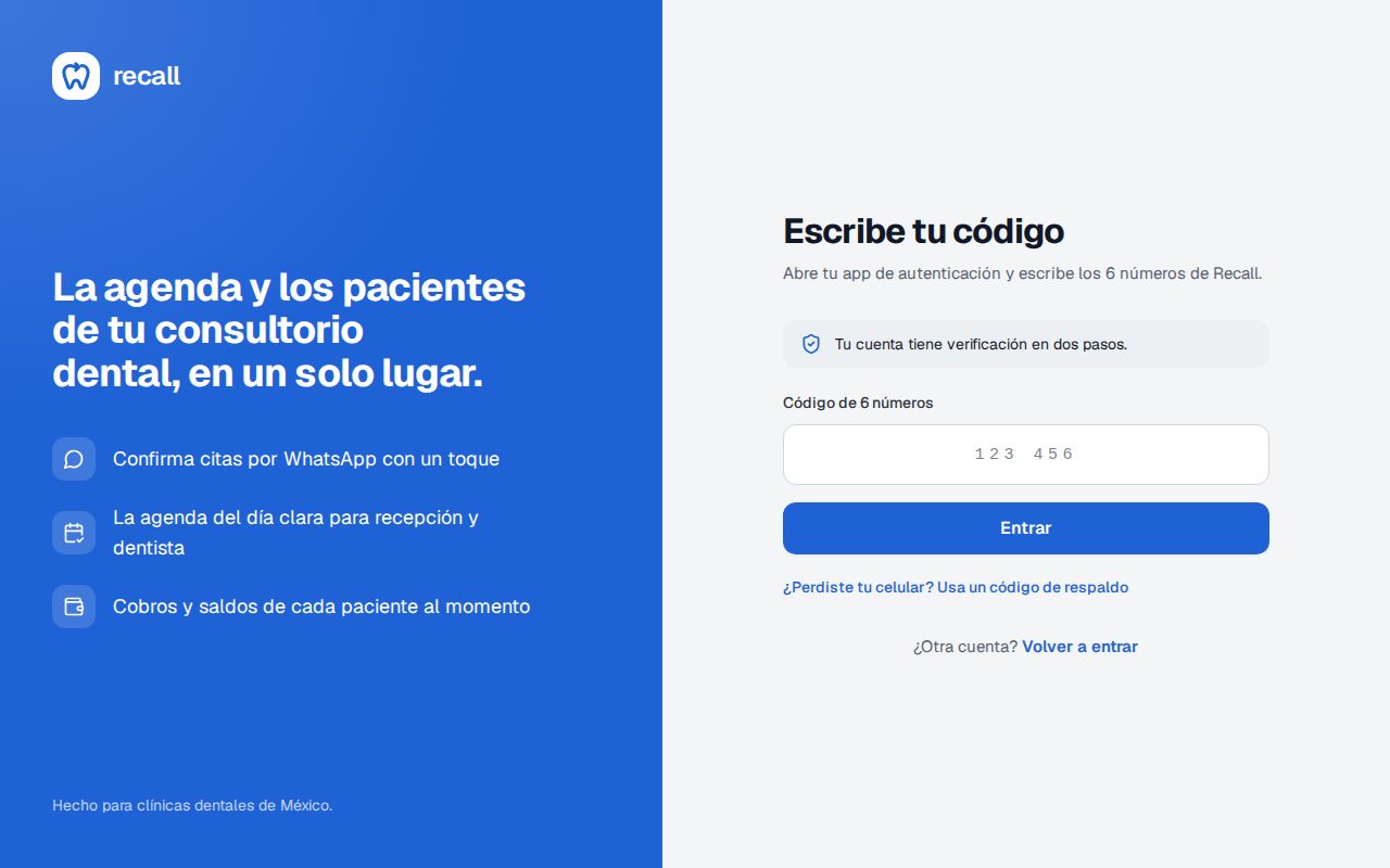 Pantalla Escribe tu código de Recall con el campo Código de 6 números, el botón Entrar y el enlace ¿Perdiste tu celular? Usa un código de respaldo