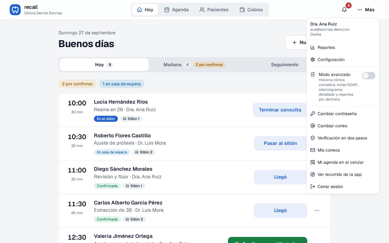 Menú Más de Recall abierto con el interruptor Modo avanzado y las opciones Reportes, Configuración y Verificación en dos pasos