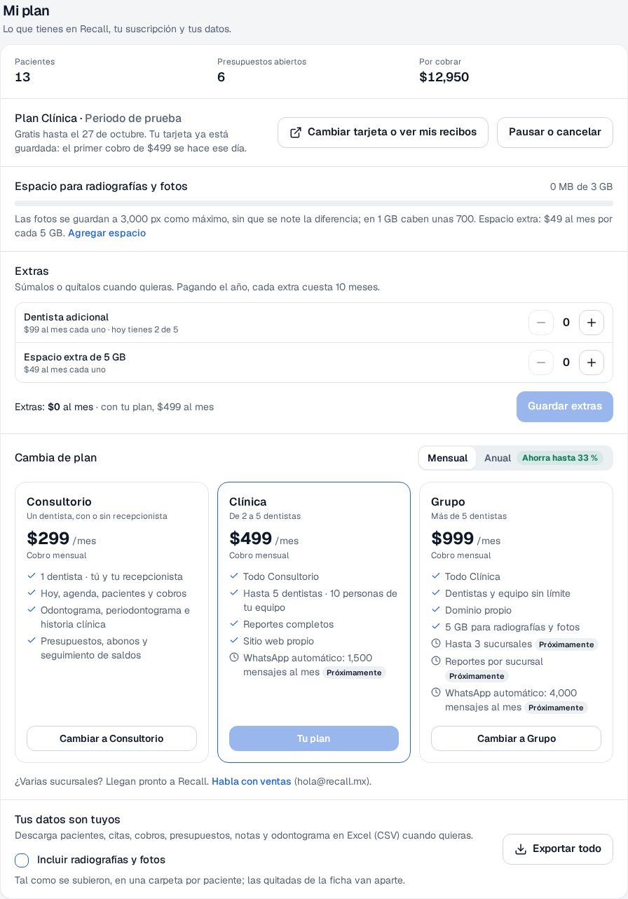 Sección Cambia de plan en Mi plan de Recall con la tarjeta Clínica marcada como Tu plan y los botones Cambiar a Consultorio y Cambiar a Grupo