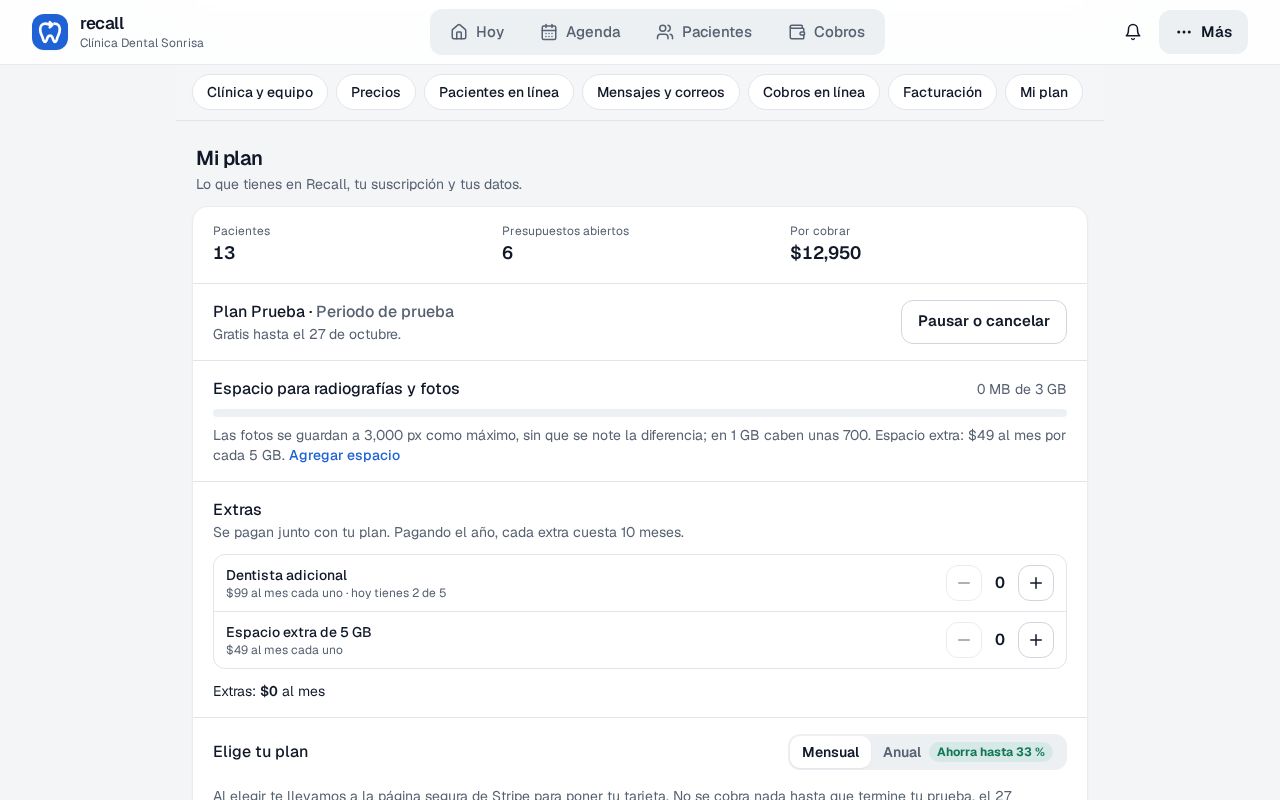 Lista Extras en Mi plan de Recall: Dentista adicional $99 al mes cada uno, hoy tienes 2 de 5, y Espacio extra de 5 GB $49 al mes, con contadores