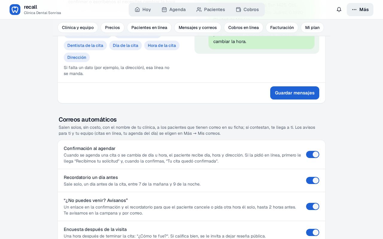 Sección Correos automáticos en la Configuración de Recall con los interruptores Confirmación al agendar, Recordatorio un día antes, ¿No puedes venir? Avísanos y Encuesta después de la visita, todos encendidos