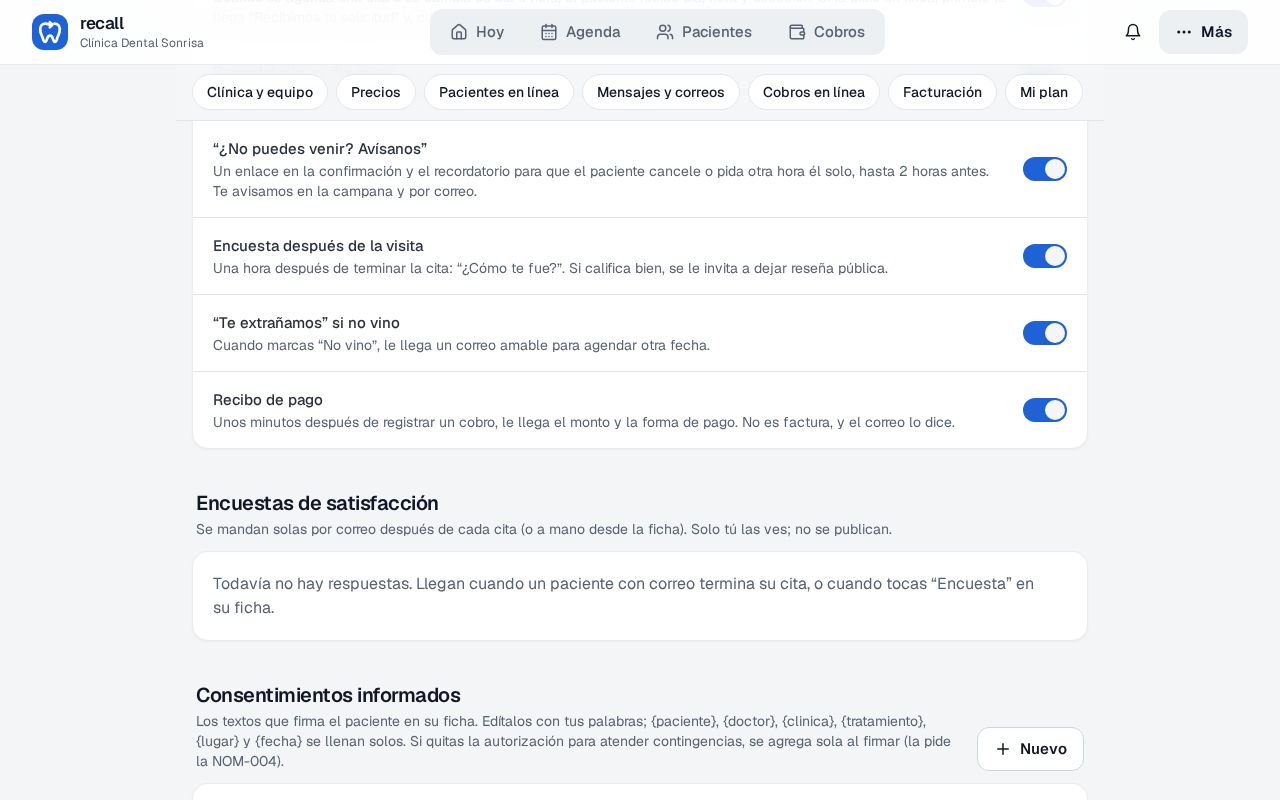 Interruptores Te extrañamos si no vino y Recibo de pago en la Configuración de Recall, con la explicación de cuándo sale cada uno