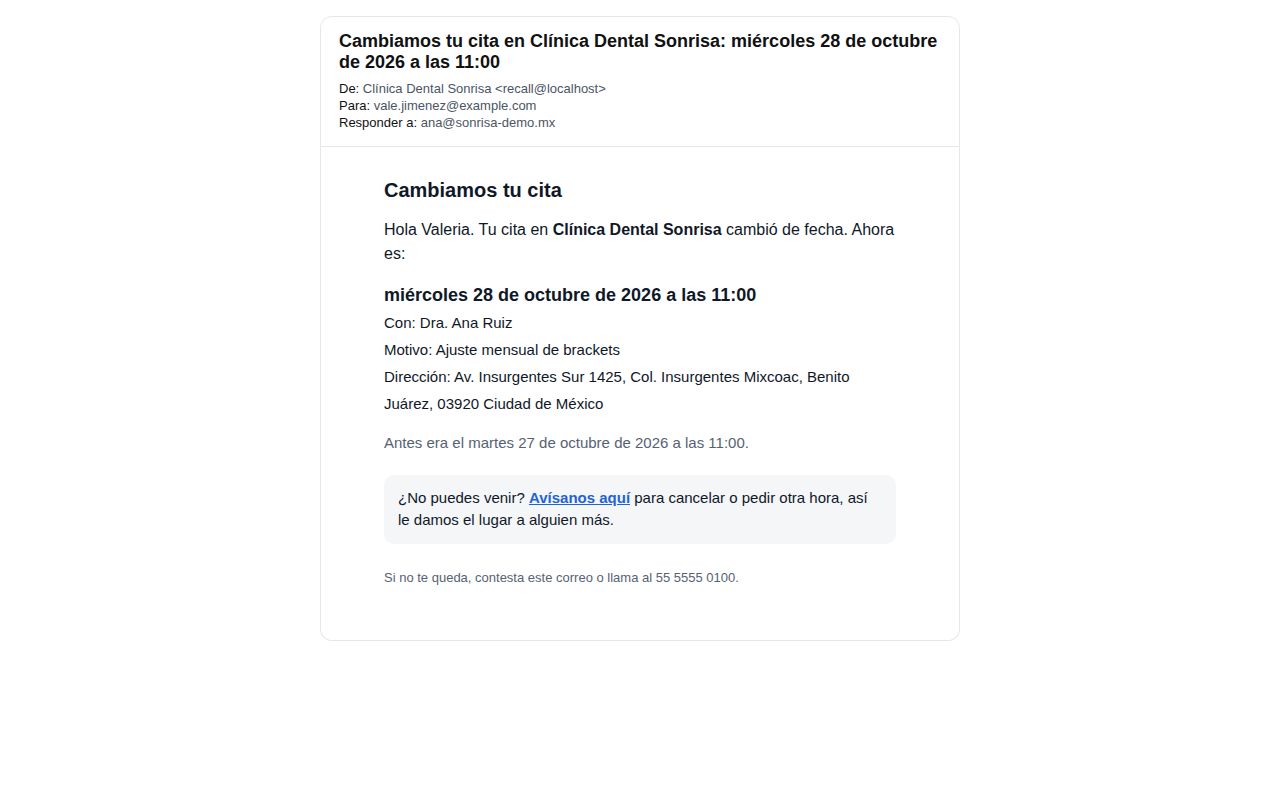 Correo Cambiamos tu cita de Clínica Dental Sonrisa a Valeria: ahora es miércoles 28 de octubre de 2026 a las 11:00 con la Dra. Ana Ruiz, y antes era el martes 27 de octubre a las 11:00