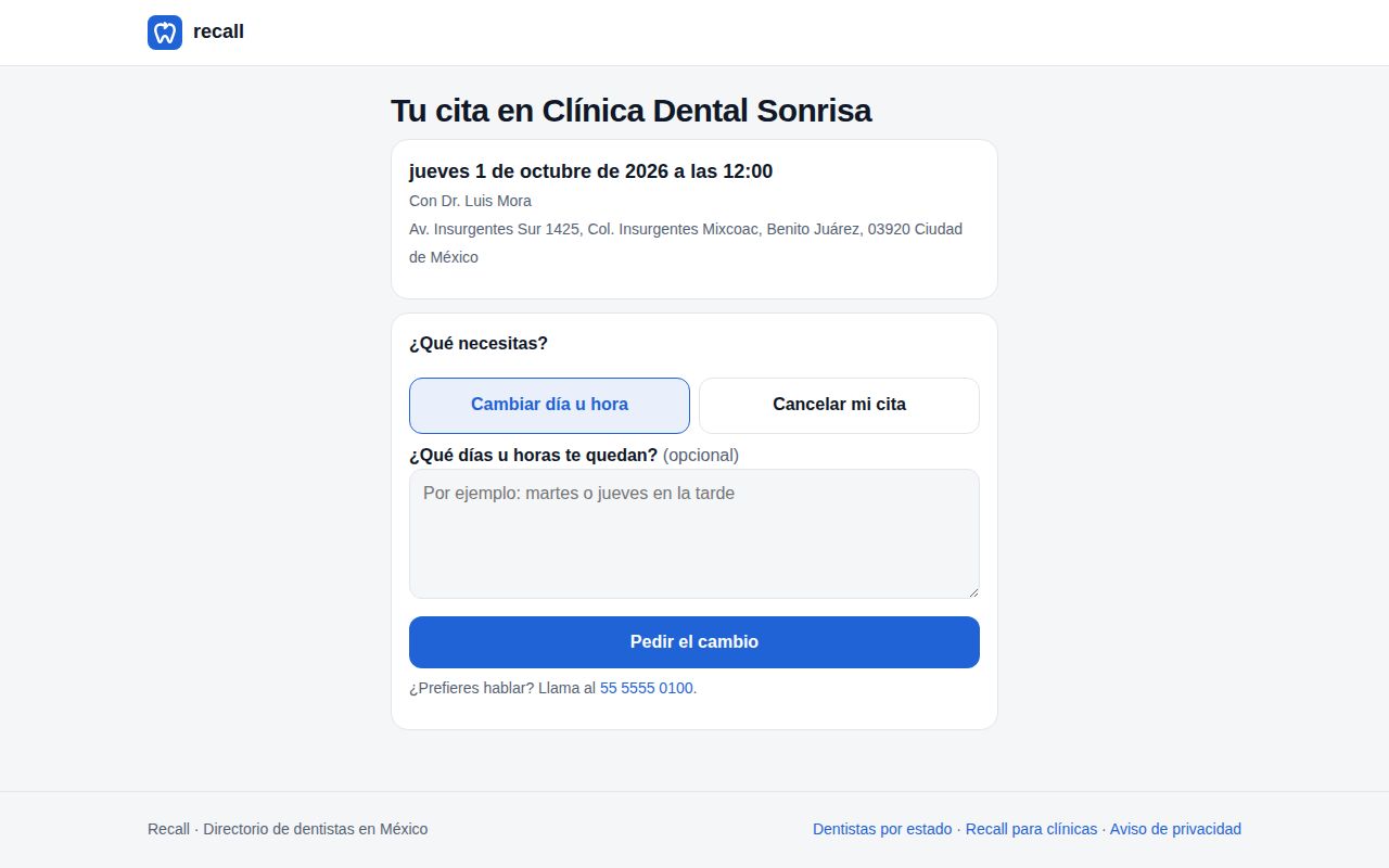 Página Tu cita en Clínica Dental Sonrisa que abre el enlace del correo, con la cita del jueves 1 de octubre, las opciones Cambiar día u hora y Cancelar mi cita, el cuadro ¿Qué días u horas te quedan? y el botón Pedir el cambio