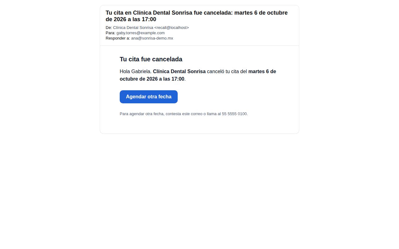Correo Tu cita fue cancelada de Clínica Dental Sonrisa a Gabriela Torres por la cita del martes 6 de octubre, con el botón Agendar otra fecha