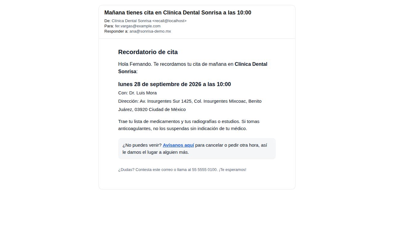 Correo Recordatorio de cita de Clínica Dental Sonrisa: te esperamos mañana, con la hora, el dentista, la dirección y el enlace ¿No puedes venir? Avísanos aquí