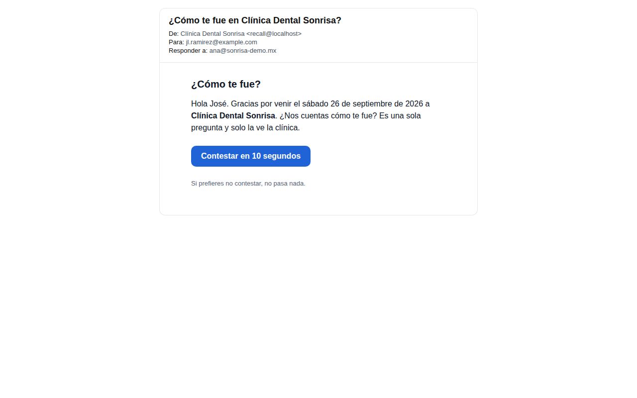 Correo ¿Cómo te fue? de Clínica Dental Sonrisa a Fernando tras su cita, con las estrellas para calificar
