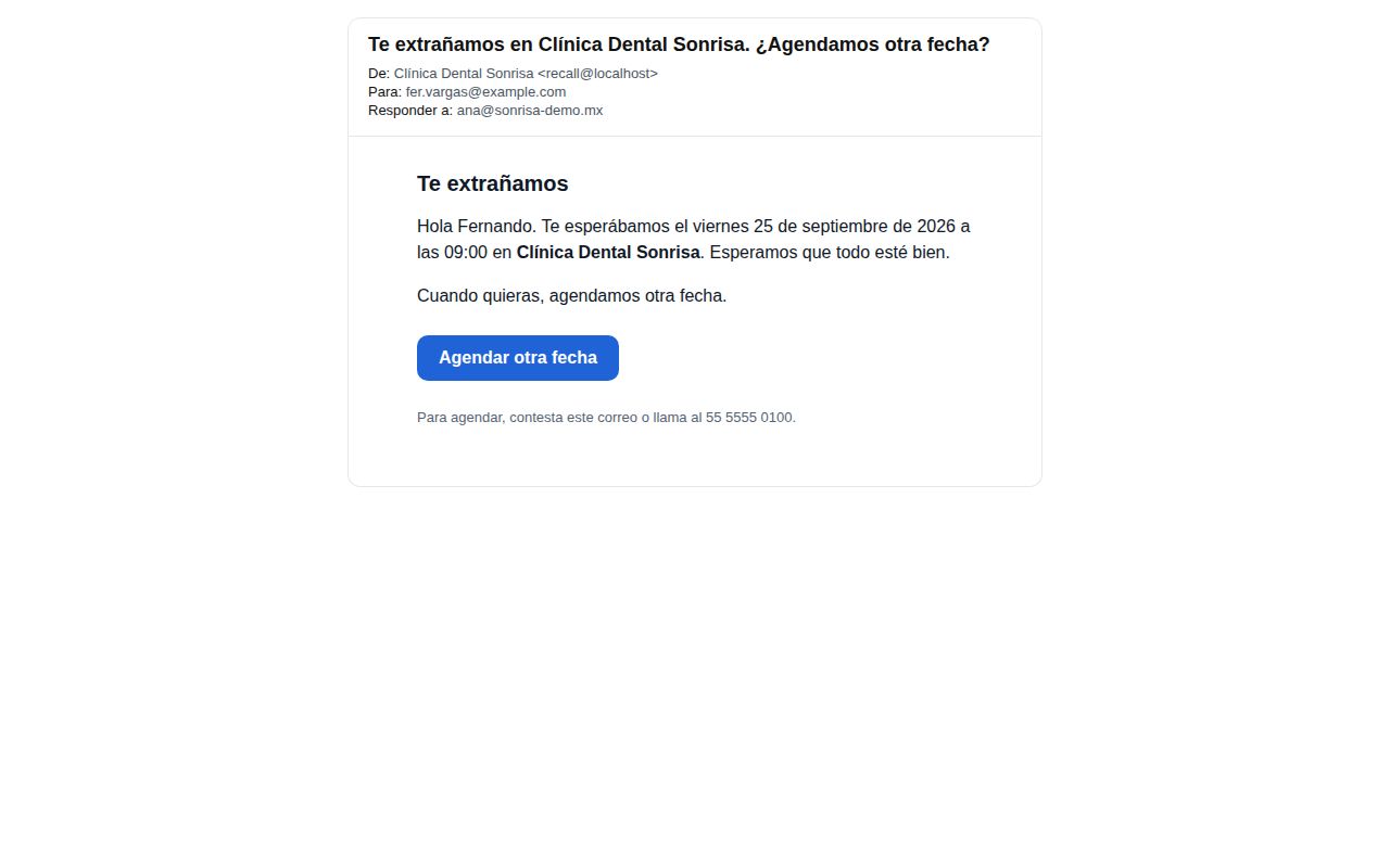 Correo Te extrañamos de Clínica Dental Sonrisa a un paciente que no vino a su cita, con el botón Agendar otra fecha