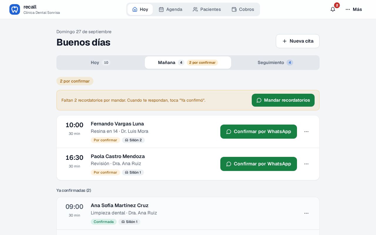 Pestaña Mañana de Hoy en Recall con la franja Faltan 2 recordatorios por mandar, el botón Mandar recordatorios, dos citas por confirmar y abajo las ya confirmadas