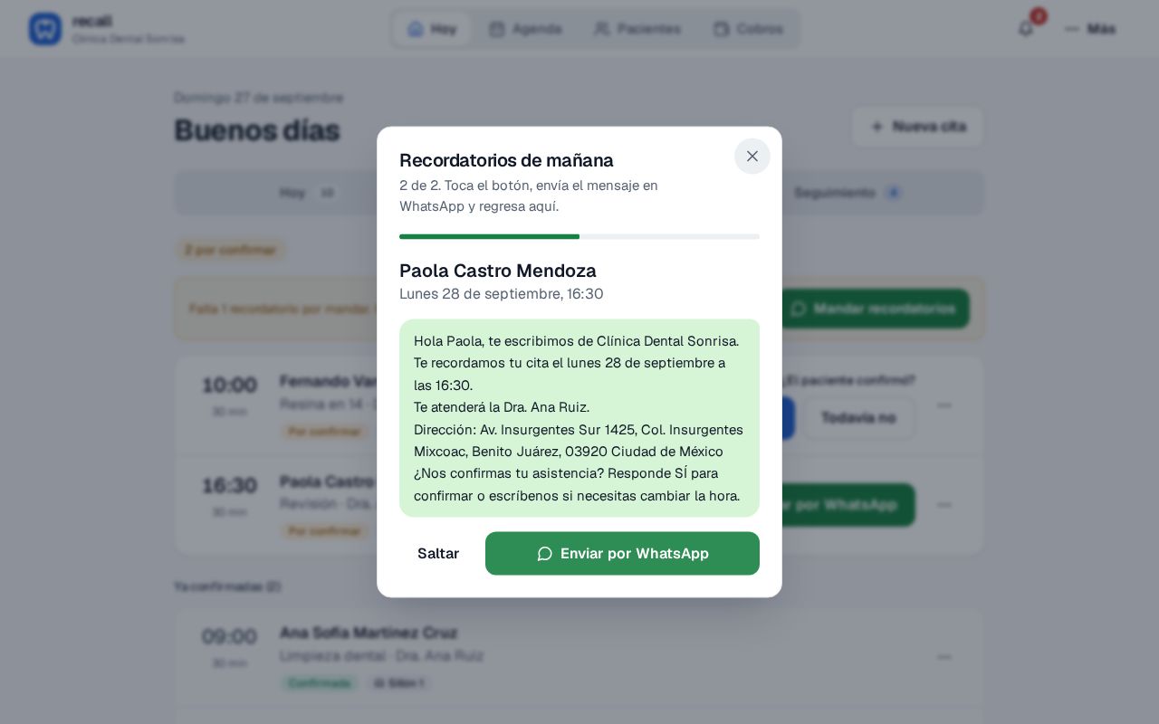 Ventana Recordatorios de mañana de Recall en el paso 2 de 2, con la barra de avance a la mitad y el mensaje para Paola Castro Mendoza