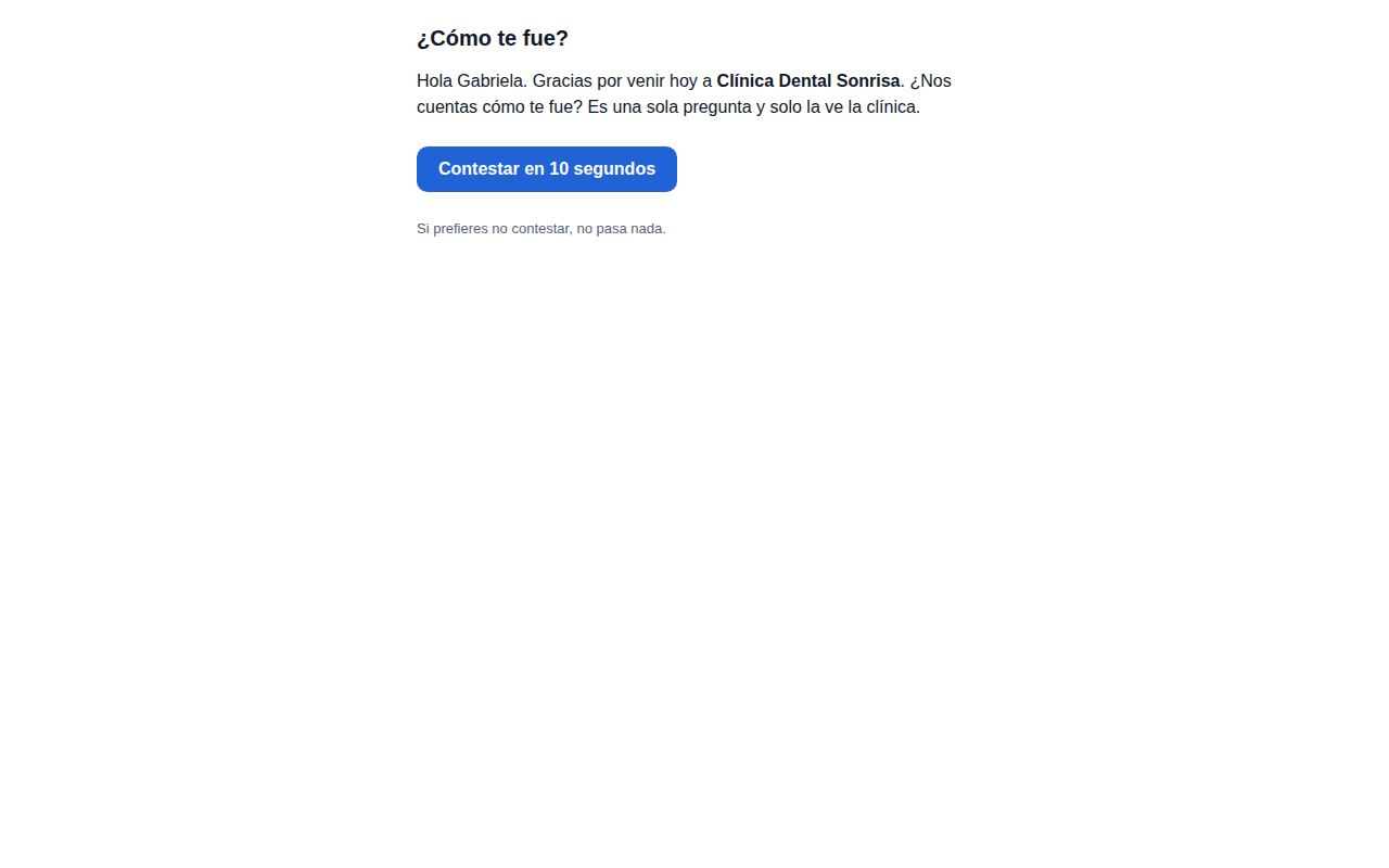 Correo ¿Cómo te fue? que Recall manda al paciente una hora después de su cita, con el botón para contestar la encuesta