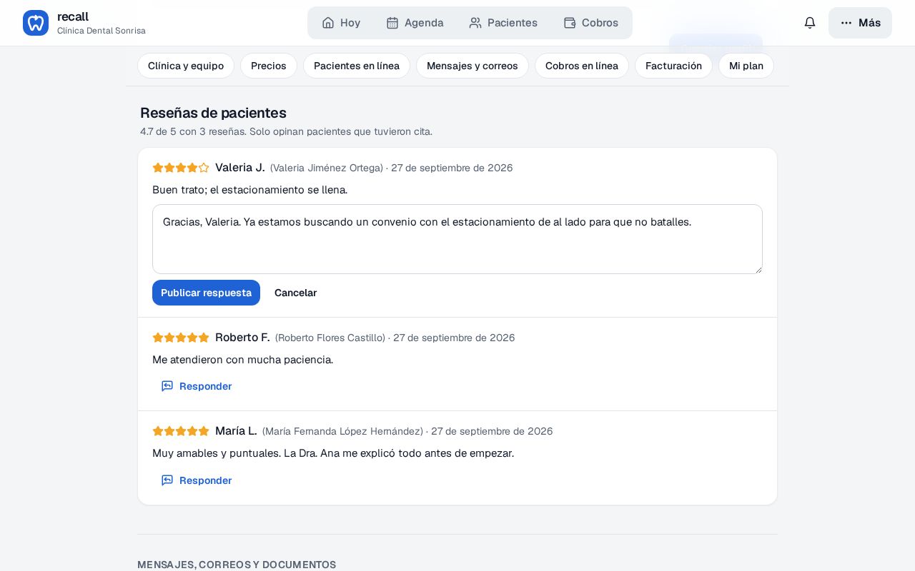 Reseña de Valeria J. con la caja de respuesta abierta y el texto Gracias, Valeria, ya estamos buscando un convenio con el estacionamiento, y los botones Publicar respuesta y Cancelar