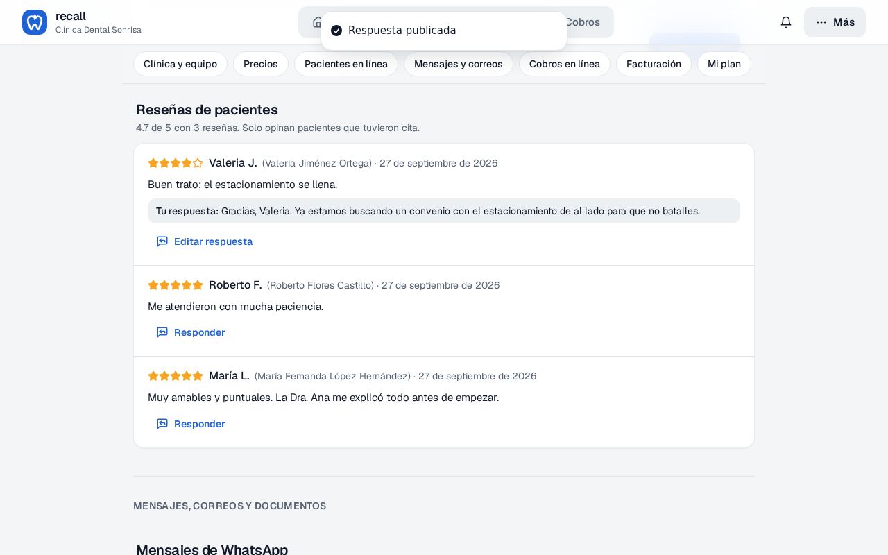 Reseña de Valeria J. en Configuración con la respuesta de la clínica ya publicada debajo y el enlace Editar respuesta