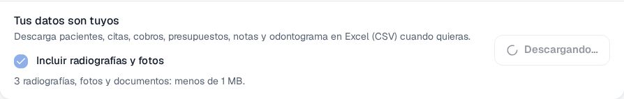 Botón Exportar todo de Recall en estado Descargando… mientras se arma el respaldo