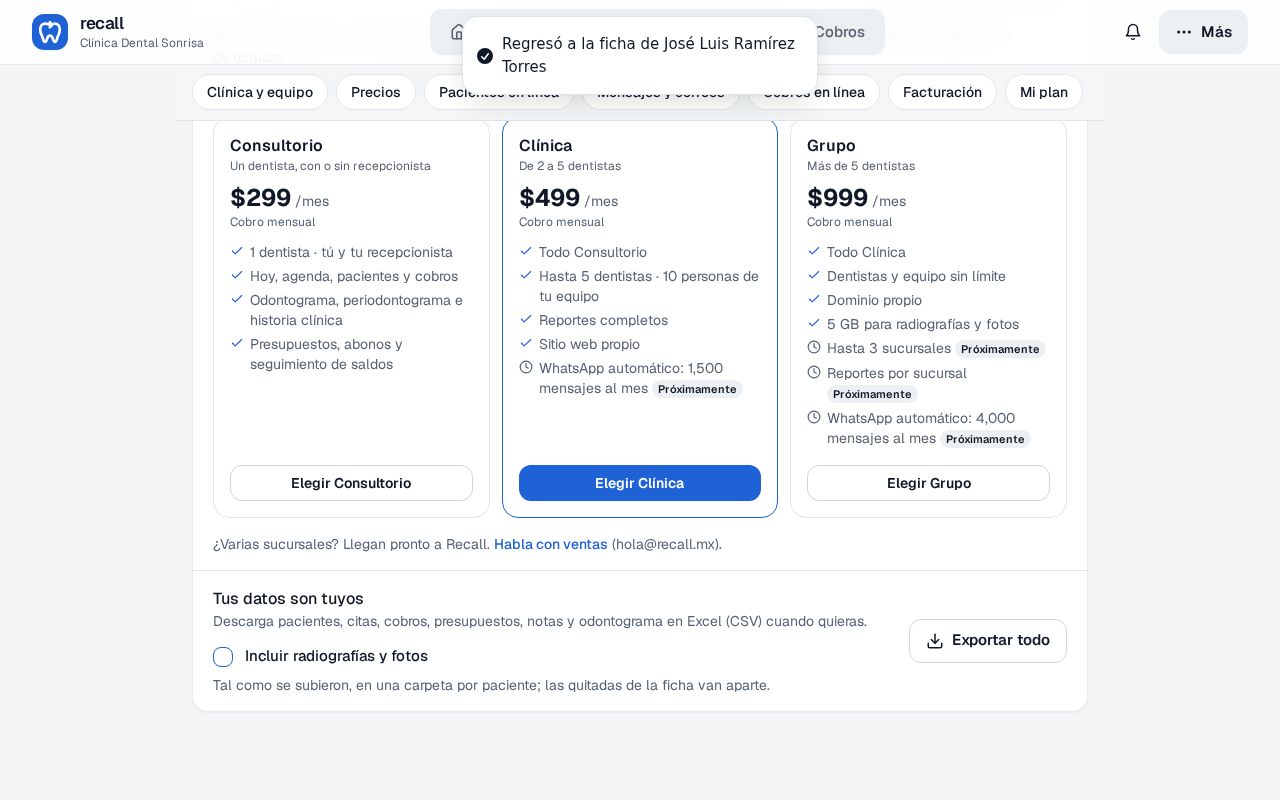 Aviso Regresó a la ficha de José Luis Ramírez Torres en la Configuración de Recall después de tocar Regresar