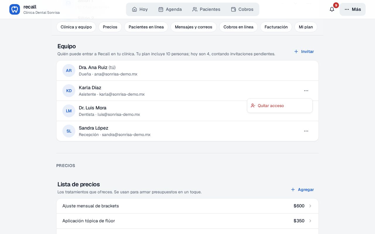 Configuración → Equipo de Recall con el menú de tres puntos de una persona abierto y la opción Quitar acceso