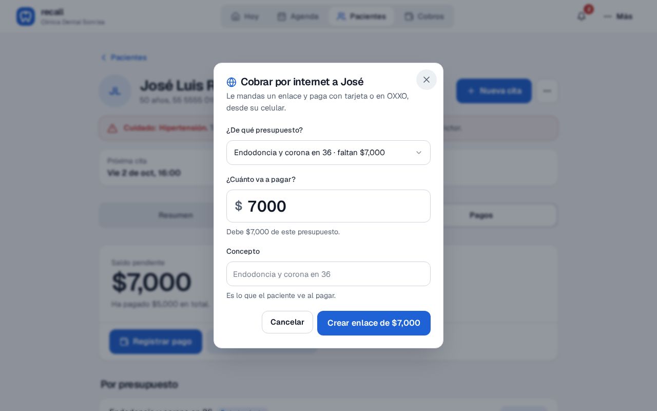Ventana Cobrar por internet a José con el presupuesto Endodoncia y corona en 36, faltan $7,000, el monto 7000, Debe $7,000 de este presupuesto y el botón Crear enlace de $7,000
