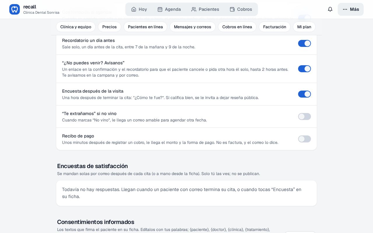 Sección Correos automáticos de Recall con el interruptor Te extrañamos si no vino, apagado, y su explicación