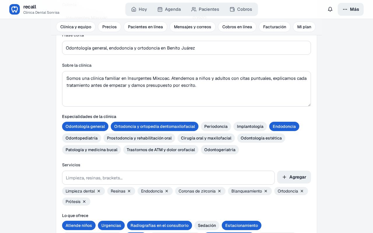 Especialidades de la clínica como chips (Odontología general, Endodoncia y Ortodoncia encendidas) y la lista de Servicios con Limpieza dental, Resinas, Endodoncia, Coronas de zirconia