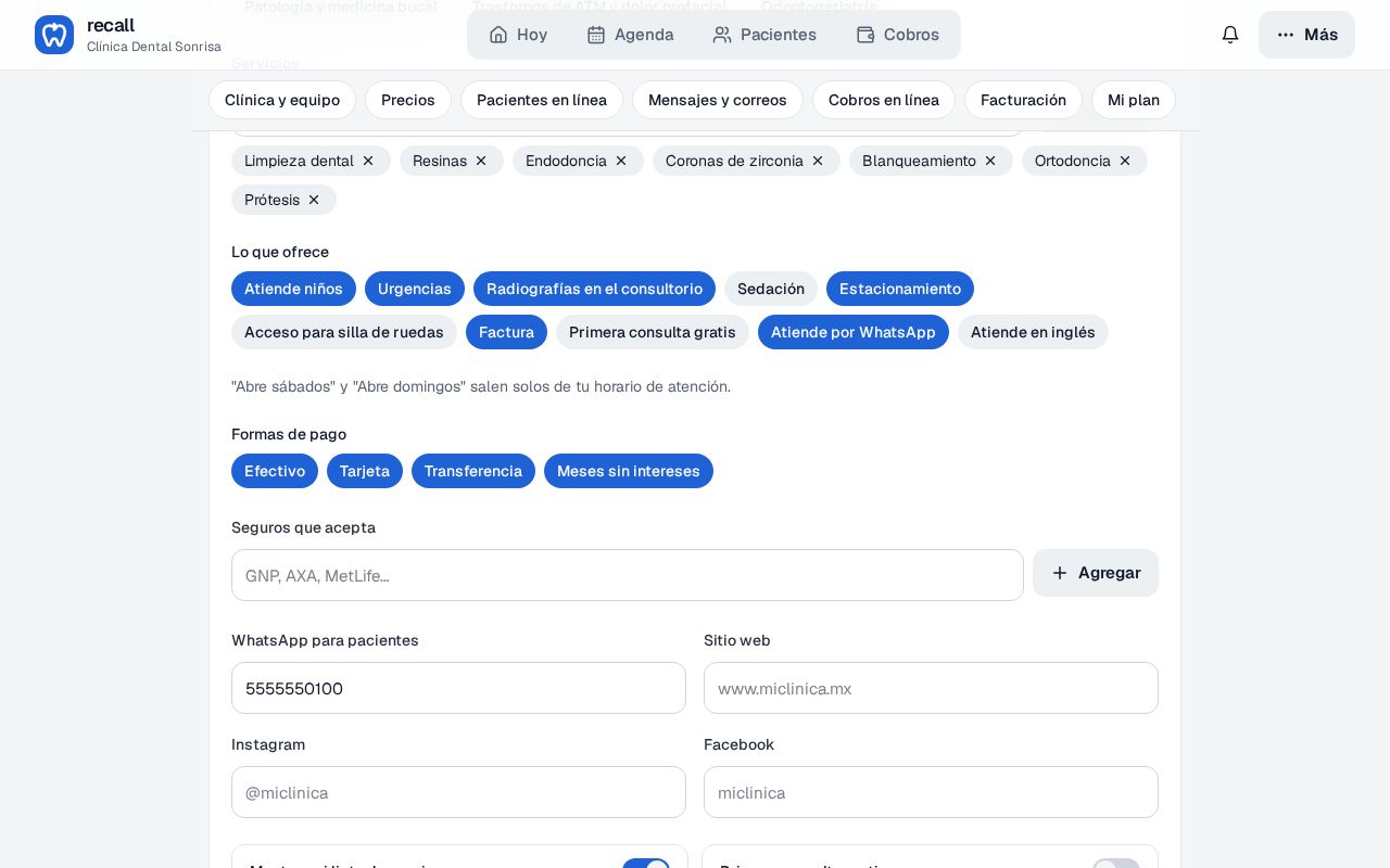 Chips de Lo que ofrece (Atiende niños, Urgencias, Radiografías, Estacionamiento, Factura) y Formas de pago (Efectivo, Tarjeta, Transferencia, Meses sin intereses), más Seguros, WhatsApp, sitio y redes