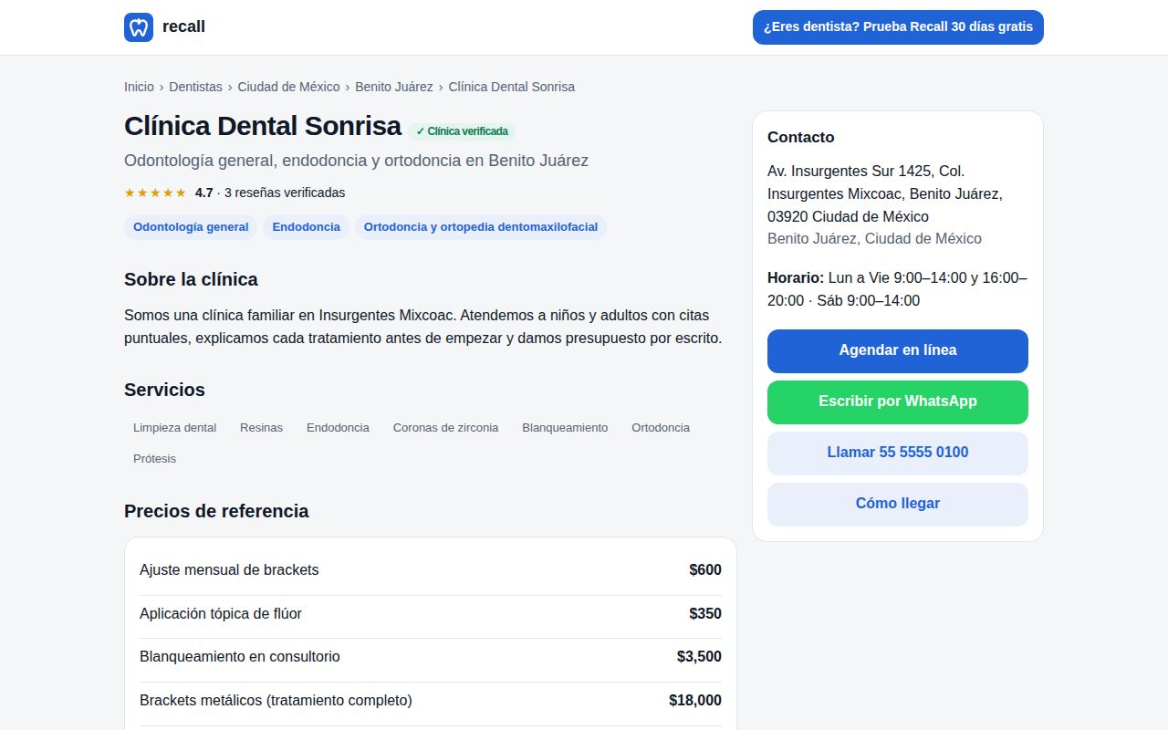 Perfil público de Clínica Dental Sonrisa en recall.mx con la insignia Clínica verificada, 4.7 de calificación con 3 reseñas, especialidades, Sobre la clínica, servicios y la tarjeta de Contacto con Agendar en línea