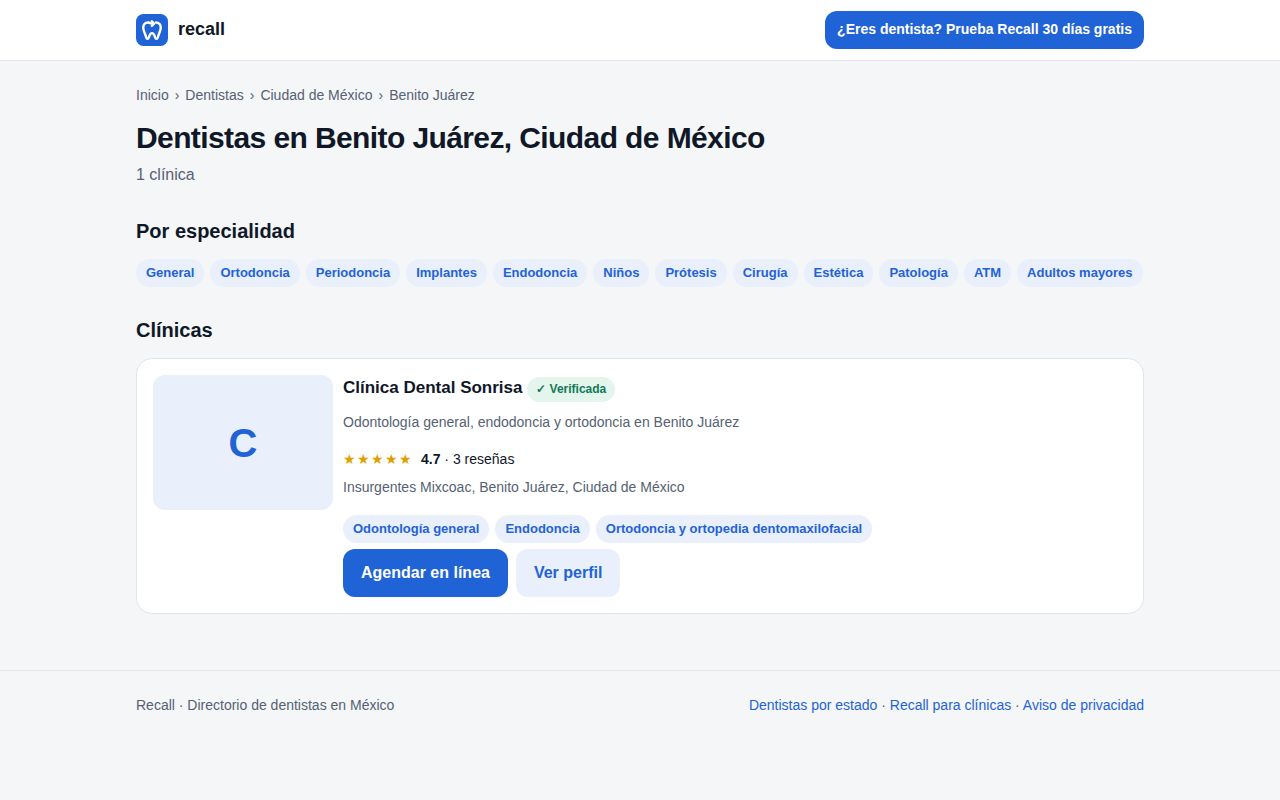 Página del directorio Dentistas en Benito Juárez, Ciudad de México con los chips por especialidad y la tarjeta de Clínica Dental Sonrisa verificada con Agendar en línea y Ver perfil