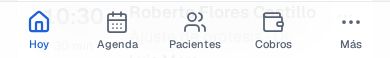 Barra inferior de Recall en el celular con las pestañas Hoy, Agenda, Pacientes, Cobros y Más