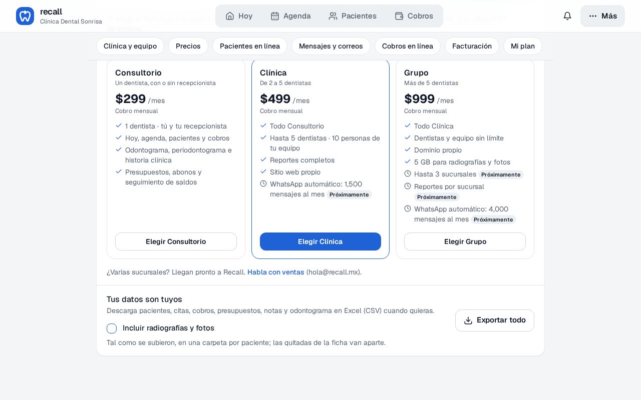 Sección Tus datos son tuyos de la Configuración de Recall con el botón Exportar todo para descargar pacientes, citas, cobros, presupuestos, notas y odontograma en Excel